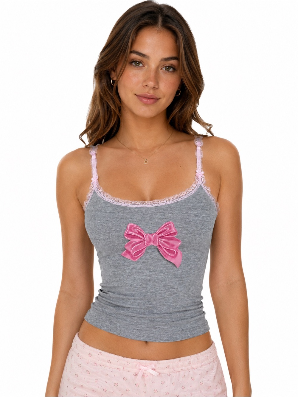 LoveShackFancy xVictoria’s Secret PINK Gray Tank Top with Pink Bow and Lace Trim